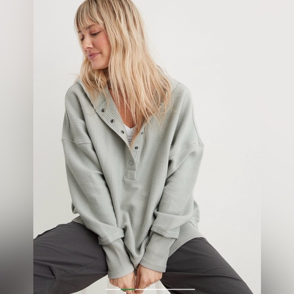 aerie Tops - Aerie Ribbed Textured Henley Hoodie - Light Gray
